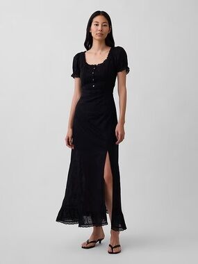 GAP Black Maxi Dress with Puff Sleeves and Slit